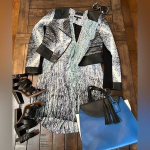 BCBG Max Azria mini dress with ruffle neckline and open cowl back. Size M.